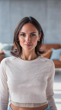 A woman stands in a stylish, bright living room with a minimalist design. She has a calm expression and shoulder-length hair, with soft light enhancing her features.の素材