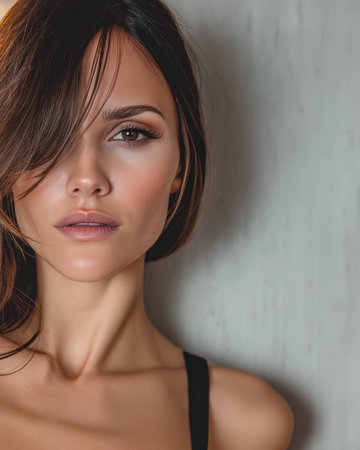 A woman with long hair stands in a close-up shot, showcasing her natural beauty. The soft lighting highlights her features against a simple background.の素材