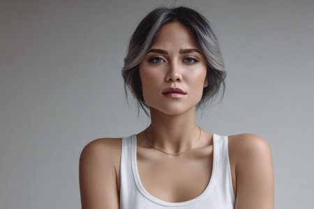 A young woman with striking gray highlights poses confidently in a minimalist space. She wears a simple tank top and has a calm, self-assured expression that highlights her natural beauty.の素材