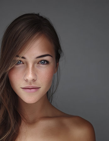 A young woman with long brown hair and clear blue eyes poses against a plain background. She has a natural expression and soft features, exuding confidence and calmness.の素材