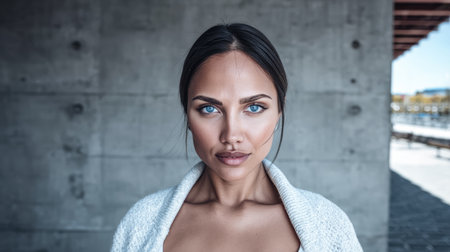 A woman stands with a confident expression, showcasing her bright blue eyes and elegant features. The backdrop features a sleek concrete wall, emphasizing her beauty in a city environment.の素材