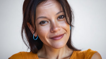 A woman with long brown hair smiles warmly at the camera, wearing a mustard-colored top and blue hoop earrings. The background is light and simple, highlighting her cheerful expression.の素材