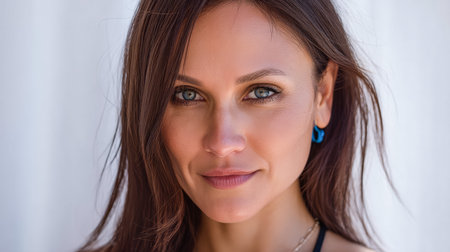 A woman with long brown hair and captivating eyes smiles gently, radiating confidence. The bright background enhances her natural beauty, creating a warm atmosphere.の素材