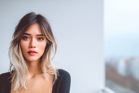 A young woman with soft, ombre hair poses confidently near a window. The urban backdrop features blurred buildings, hinting at a vibrant city life outside.の素材