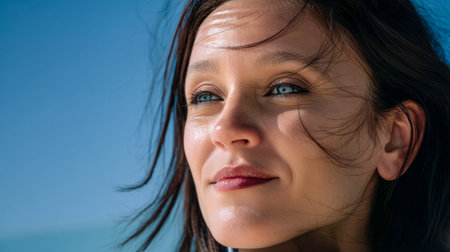 A woman with long hair enjoys a moment of reflection. Her striking blue eyes shine under the sunlight, creating a serene and contemplative atmosphere.の素材