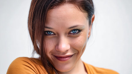 A young woman with blue eyes and brown hair smiles confidently while wearing a casual orange top.の素材
