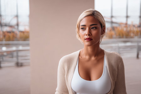 A woman with blonde hair wears a fitted top and a cardigan, standing in a contemporary space. She gazes out thoughtfully, capturing the essence of a serene moment in an urban setting.の素材