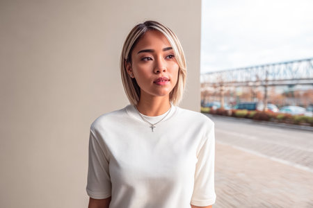 A young woman stands in a casual white top, gazing thoughtfully while natural light highlights her features. The urban setting creates an inviting atmosphere in the afternoon.の素材