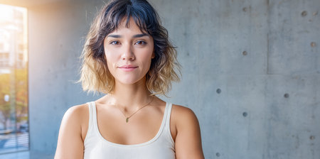 A woman with wavy, shoulder-length hair stands confidently in a brightly lit modern interior. Natural light shines on her, highlighting her expression and style.の素材