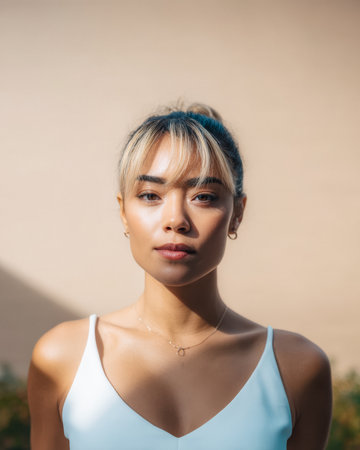 A young woman stands outdoors, wearing a light blue top. The soft sunlight highlights her facial features, showcasing her confident expression and relaxed demeanor.の素材