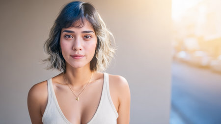 A young woman stands confidently in a city setting, her wavy hair reflecting soft sunlight. The warm glow enhances her features as she gazes calmly at the camera during golden hour.の素材