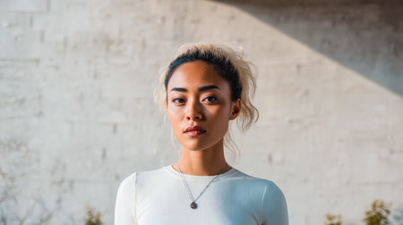 A woman with long hair poses with a serious expression in front of a light-colored wall. The warm afternoon light highlights her features and style.の素材