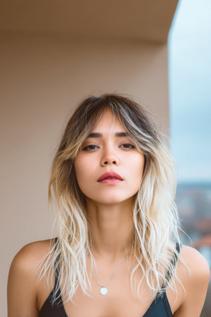 A woman stands with her hair styled in soft waves, looking directly at the camera. The background is a faint blur, suggesting a bright day. Her expression is calm and confident.の素材