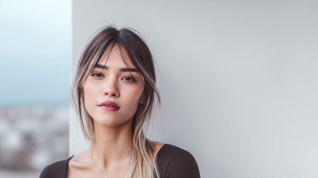 A young woman with long, flowing hair stands against a light wall, exuding confidence. The daylight creates a serene atmosphere, enhancing her calm expression and elegant pose.の素材