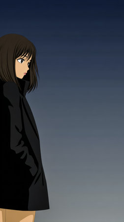 A young woman with long, dark hair stands quietly in a black coat, gazing into the distance as the sky transitions from day to evening, reflecting contemplative emotions.の素材