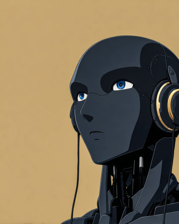 A sleek robot character features blue eyes and stylish headphones. The design showcases modern robotics, emphasizing technology and innovation in a minimalist setting.の素材