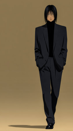 A well-dressed man with long black hair wears a sleek black suit and turtleneck. He walks with confidence against a simple neutral backdrop, showcasing a modern fashion sense.の素材