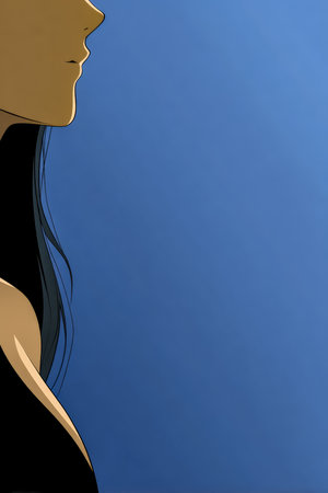 A woman with long, dark hair is seen in profile. The background is a soothing blue shade, creating a peaceful atmosphere. She appears thoughtful and serene in this tranquil scene.の素材