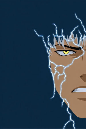 A close-up of an animated character shows intense emotions through sharp facial features and glowing lightning around the head, conveying energy and strength.の素材