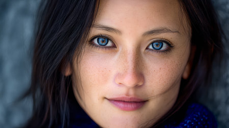 A young woman with long dark hair and bright blue eyes poses outdoors. She has a calm expression and a light smile, highlighting her natural beauty against a blurred background.の素材