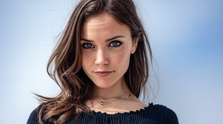 A young woman stands outdoors with a clear blue sky behind her. She has long brown hair, blue eyes, and a confident expression. Her outfit is casual but stylish, enhancing her youthful charm.の素材