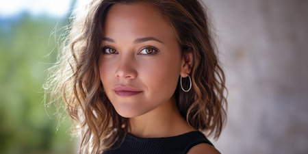 A young woman with wavy brown hair stands confidently outdoors, basking in soft natural light next to a textured stone wall. Her expression is calm and inviting.の素材