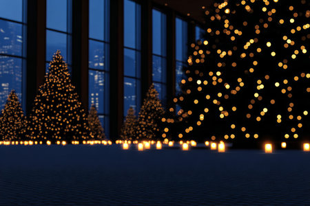 Christmas trees with bright lights and flickering candles are arranged in a sleek, modern space during the evening. The city skyline is visible through large windows.の素材