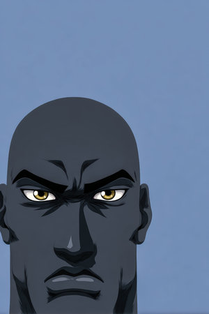 A powerful character with a dark complexion stands against a solid light blue background. The character displays a fierce expression with sharp eyes, suggesting strength and determination.の素材