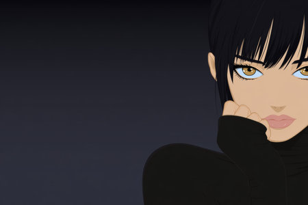 An animated character is shown with long black hair and captivating blue eyes. She is wearing a black outfit and resting her chin on her hand, creating an alluring pose.の素材