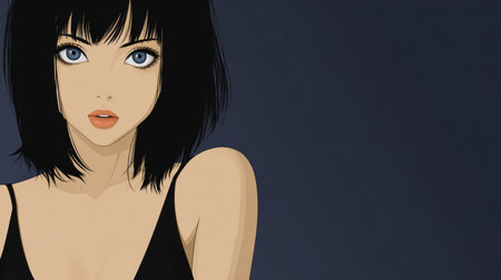 A young woman with short black hair and bright blue eyes gazes towards the viewer. She has a subtle expression and is wearing a black top, set against a simple dark background.の素材