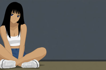 A young girl with long black hair sits cross-legged on the floor, wearing a white crop top and denim shorts. She appears thoughtful and is surrounded by a plain wall and floor.の素材