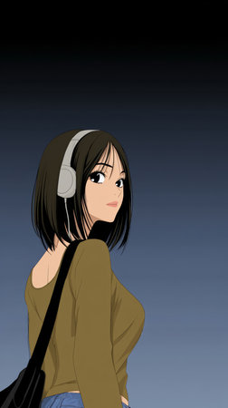 A young woman with short black hair and headphones glances back over her shoulder. She wears a casual outfit while standing against a dark gradient background, suggesting a moody evening vibe.の素材
