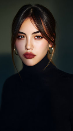 A young woman with dark, flowing hair looks directly at the camera, dressed in a black turtleneck. Her makeup is subtle, emphasizing her features in a warmly lit environment.の素材