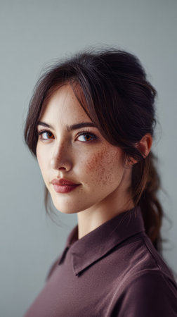 A woman stands confidently with her hair styled back, displaying freckles on her face. She gazes directly at the camera, highlighting her natural beauty. The setting features soft, neutral tones.の素材