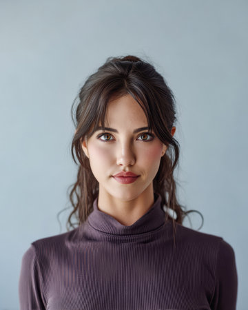 A young woman stands confidently, her long dark hair cascading gently down her shoulders. She wears a purple top, exuding elegance against a soft blue backdrop.の素材