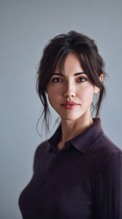 In a softly lit setting, a woman with dark, flowing hair looks directly at the viewer. She wears a relaxed purple top and has a subtle expression that conveys confidence.の素材