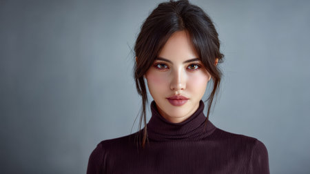 A woman with long dark hair is standing in a studio. She is wearing a turtleneck sweater and has a calm expression on her face. The background is softly lit for a simple look.の素材
