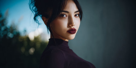 A woman poses outdoors, showcasing her unique style and confident demeanor. The setting features soft natural light, highlighting her striking features and deep lip color.の素材