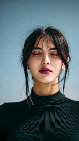 A young woman stands outdoors with her eyes closed and a serene expression, appreciating a calming moment in nature, surrounded by a bright blue sky.の素材