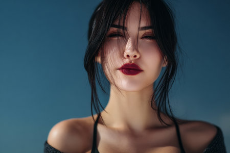 A young woman stands outdoors, her hair gently blowing in the breeze. She has a confident expression, showcasing bold lipstick and a relaxed outfit, with a clear blue sky behind her.の素材