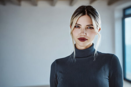 A young woman stands confidently in a well-lit room, wearing a fitted gray sweater. Her hairstyle is elegant, and she has a bold lip color, creating a striking look.の素材
