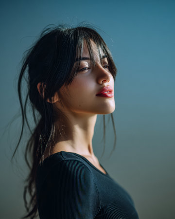 A woman with long hair stands outdoors, looking to the side with a serene expression. The sky is bright and blue, creating a calm atmosphere around her.の素材