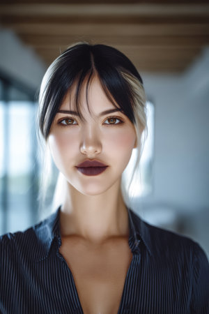 A young woman stands confidently indoors, showcasing her unique hairstyle with dark roots and light tips, wearing a button-up shirt. The setting is modern and well-lit.の素材