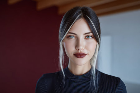 A young woman stands confidently against a simple background, showcasing her blue eyes and dark hair with highlights. Her expression is calm and engaging, highlighting her beauty.の素材