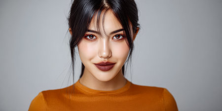 A young woman with dark hair showcases bold makeup and a warm-toned outfit. Her confident expression highlights her unique beauty and style, making a strong visual impact.の素材