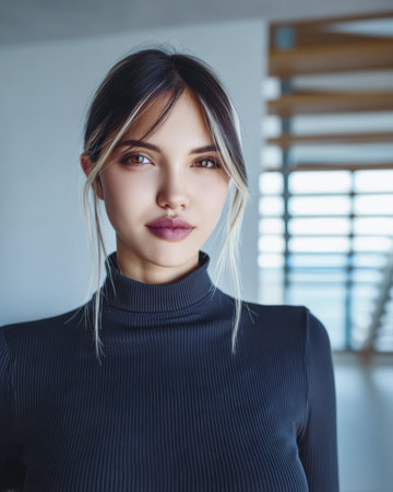 A young woman stands in a stylish space featuring large windows. Natural light highlights her features as she looks directly at the camera, showcasing her confidence and poise.の素材