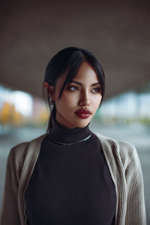 A young woman with long, dark hair is standing outdoors, gazing into the distance. She wears a black turtleneck and a light cardigan, with a modern architectural structure behind her.の素材