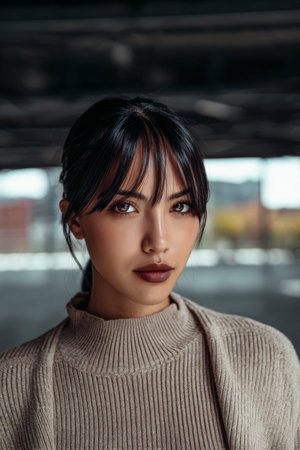 A woman stands confidently indoors in a contemporary setting. She has long dark hair styled with bangs and is wearing a cozy sweater. Natural light highlights her features.の素材