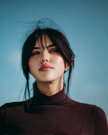 A woman with black hair stands against a bright blue sky. She displays a calm demeanor and confidence, wearing a stylish outfit that highlights her features in the sunlight.の素材