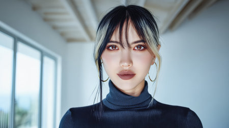 A young woman stands confidently in a softly lit room, wearing a stylish turtleneck sweater. Her hair is elegantly styled, showcasing her striking features.の素材